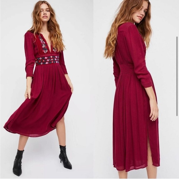 Free People Flora Embroidered Raspberry Magenta Dress Midi - Picture 3 of 14